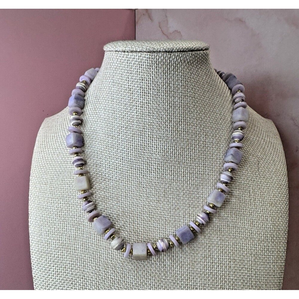 Vintage Acrylic Lavender Bead Necklace – 16” – Lightweight – Gold Tone Spacers